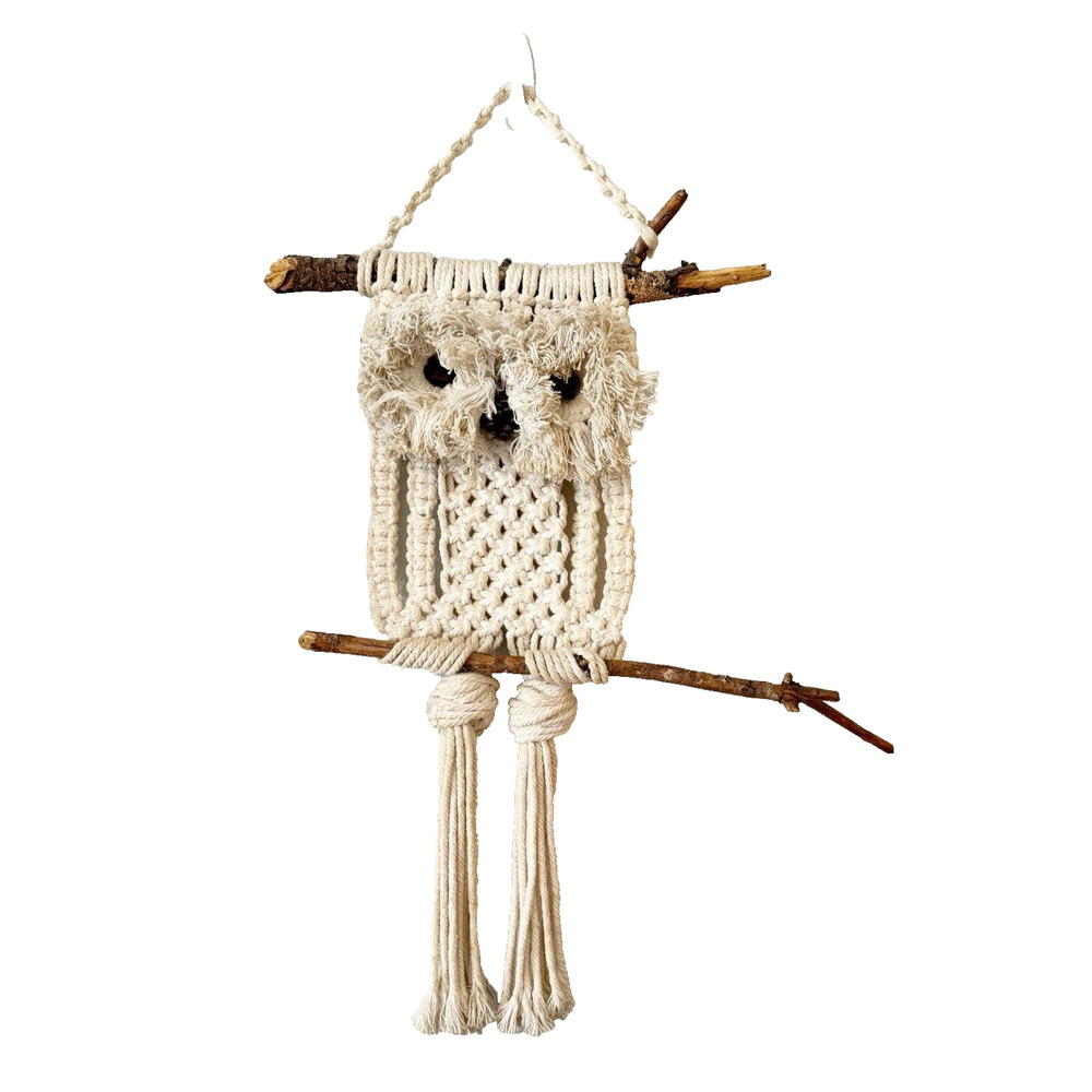 Vintage Macrame Owl Wall Hanging Boho 1970s Decor Folk Art Handmade Retro 29"